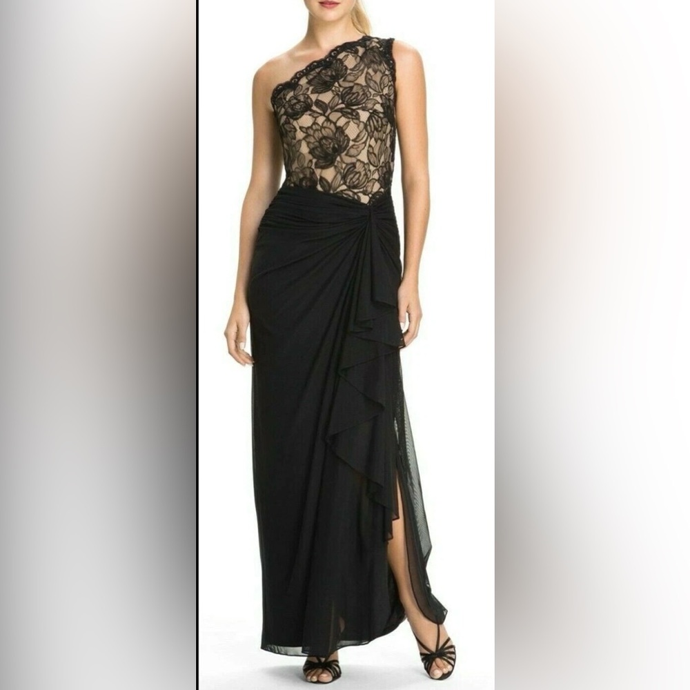 Tadashi Shoji Formal wedding guest maxi Size 8 Black Lace Asymmetrical Gown